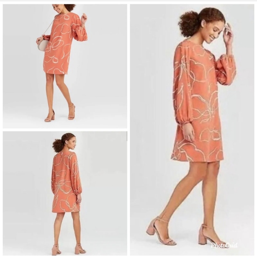 A New Day Peach and White Patterned Dress with Accordion Wrist Baloon Sleeves